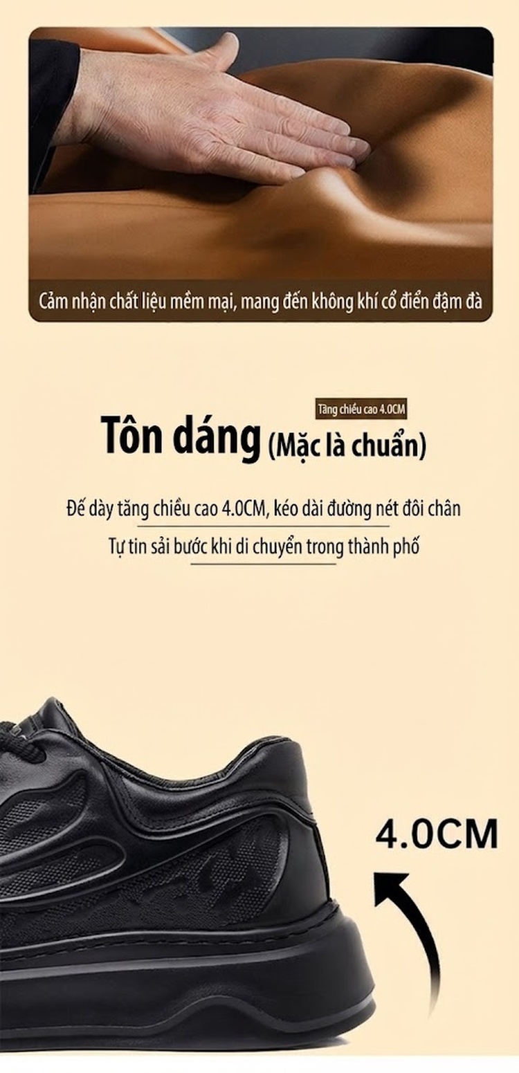 Giày Sneaker Nam Da Bò Mềm Mại Chiều Cao Đế Khoảng 4cm Màu Đen chi tiết 4
