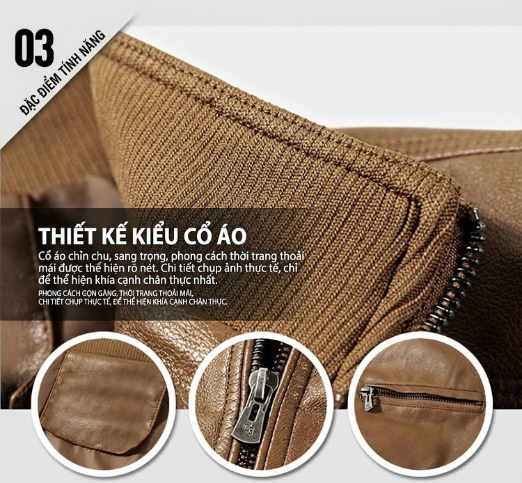 Áo Khoác Da PU Nam Cổ Trụ Dáng Ôm Khóa Kéo Phong Cách Business Casual Màu Nâu, Xanh Navy, Đen, Xanh Rêu... chi tiết 7