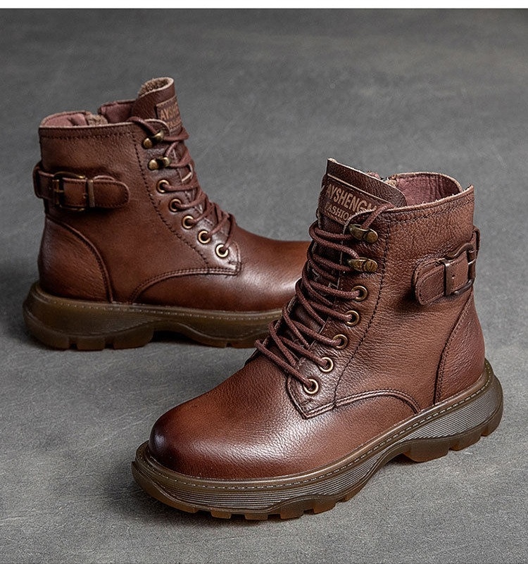 Boot Martin Nữ Da Bò Cổ Thấp Buộc Dây Chiều Cao Đế Khoảng 3.5cm Màu Đen, Nâu chi tiết 15