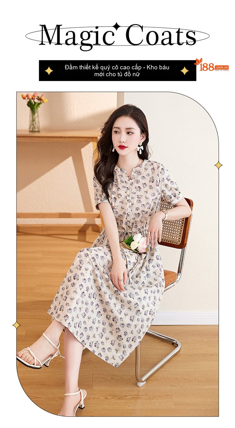 Váy Đầm Nữ Tiểu Thư Cổ chữ V Tay Ngắn Họa Tiết Hoa Nhỏ Thanh Lịch chi tiết 2