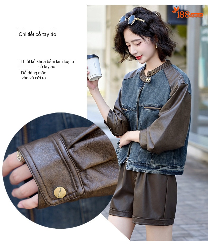 Áo Khoác Nữ Jean Phối Da Kiểu Retro Ngắn Tay Phong Cách Vintage Màu Xanh, Nâu chi tiết 7
