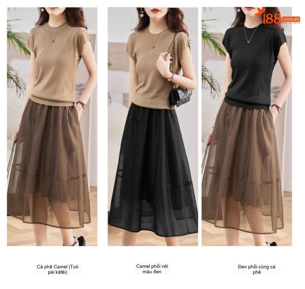 Set Bộ Áo Thun Cộc Tay Và Chân Váy Voan dáng chữ A Thanh Lịch Màu Nâu, Đen chi tiết 9