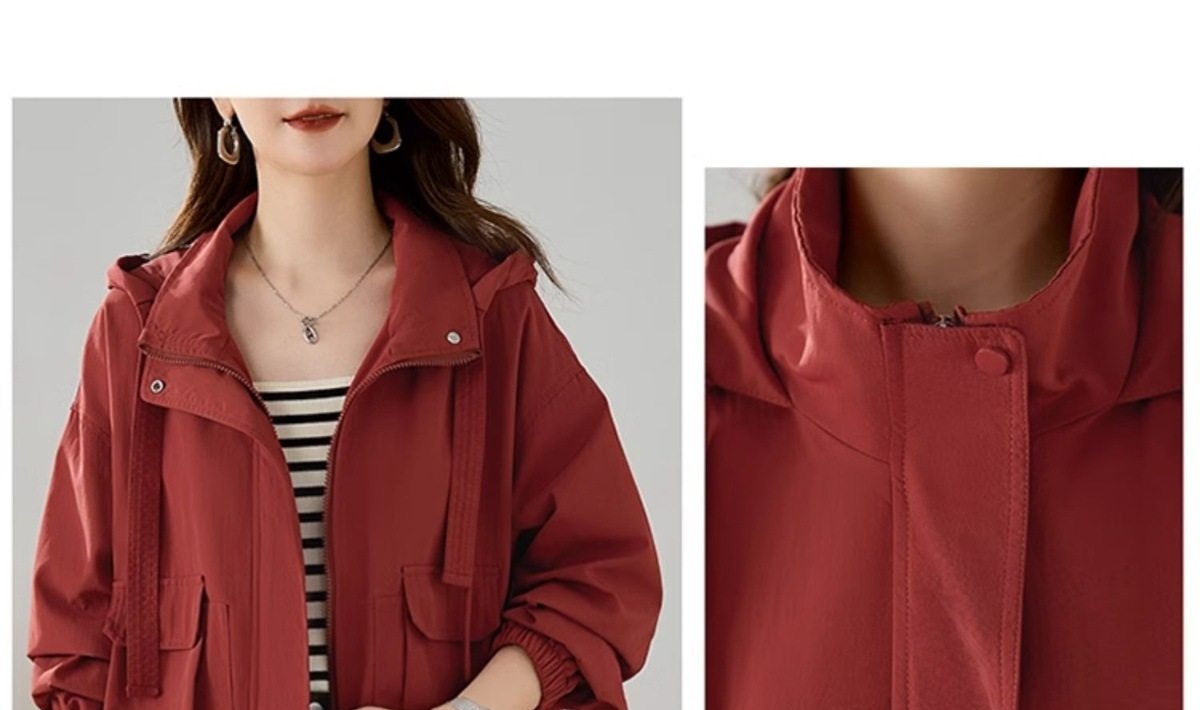 Áo Khoác Gió Nữ Form Ngắn Thiết Kế Túi Hộp Phong Cách Casual Màu Đỏ Gạch, Đen, Kem chi tiết 13