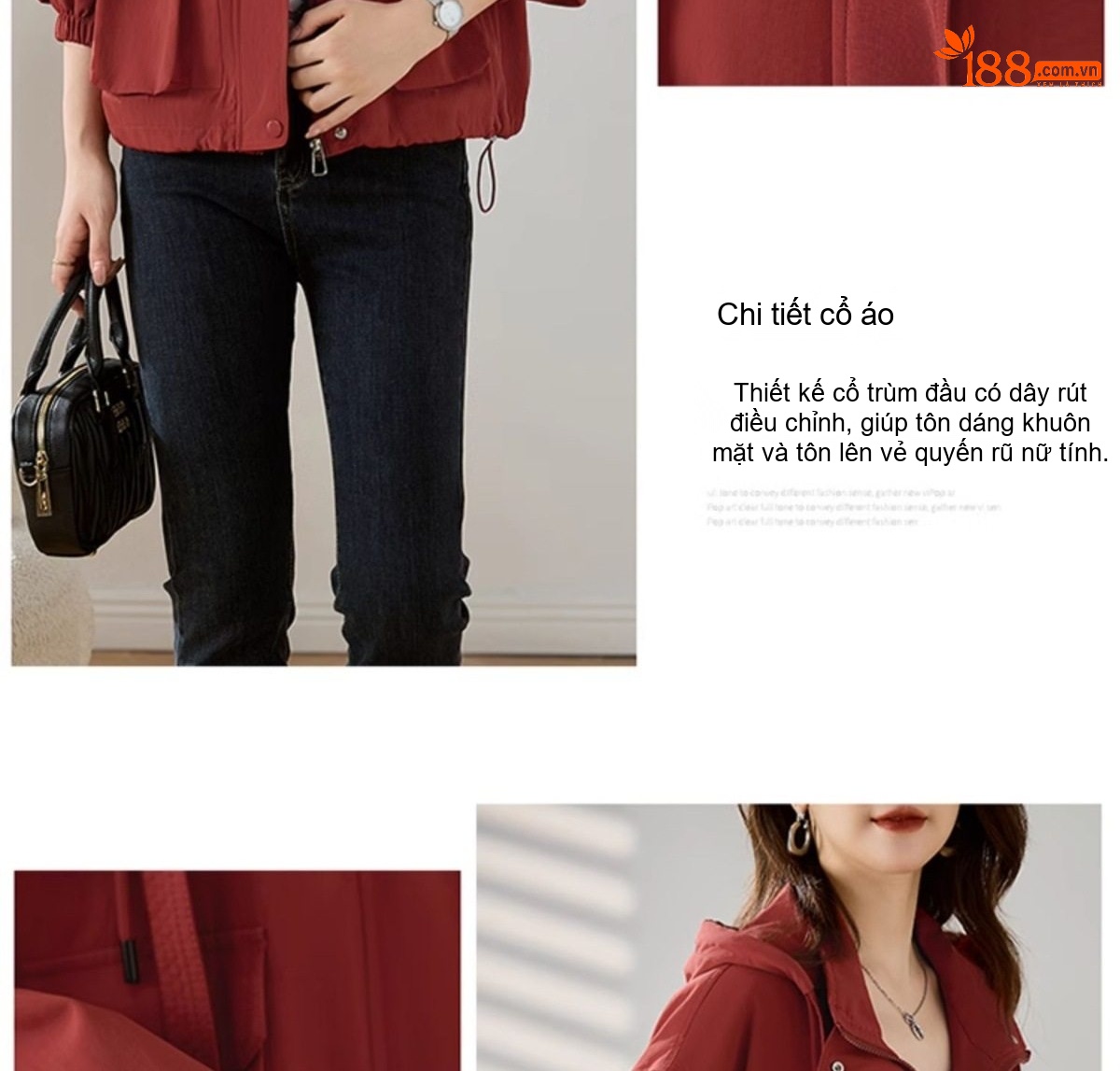 Áo Khoác Gió Nữ Form Ngắn Thiết Kế Túi Hộp Phong Cách Casual Màu Đỏ Gạch, Đen, Kem chi tiết 14