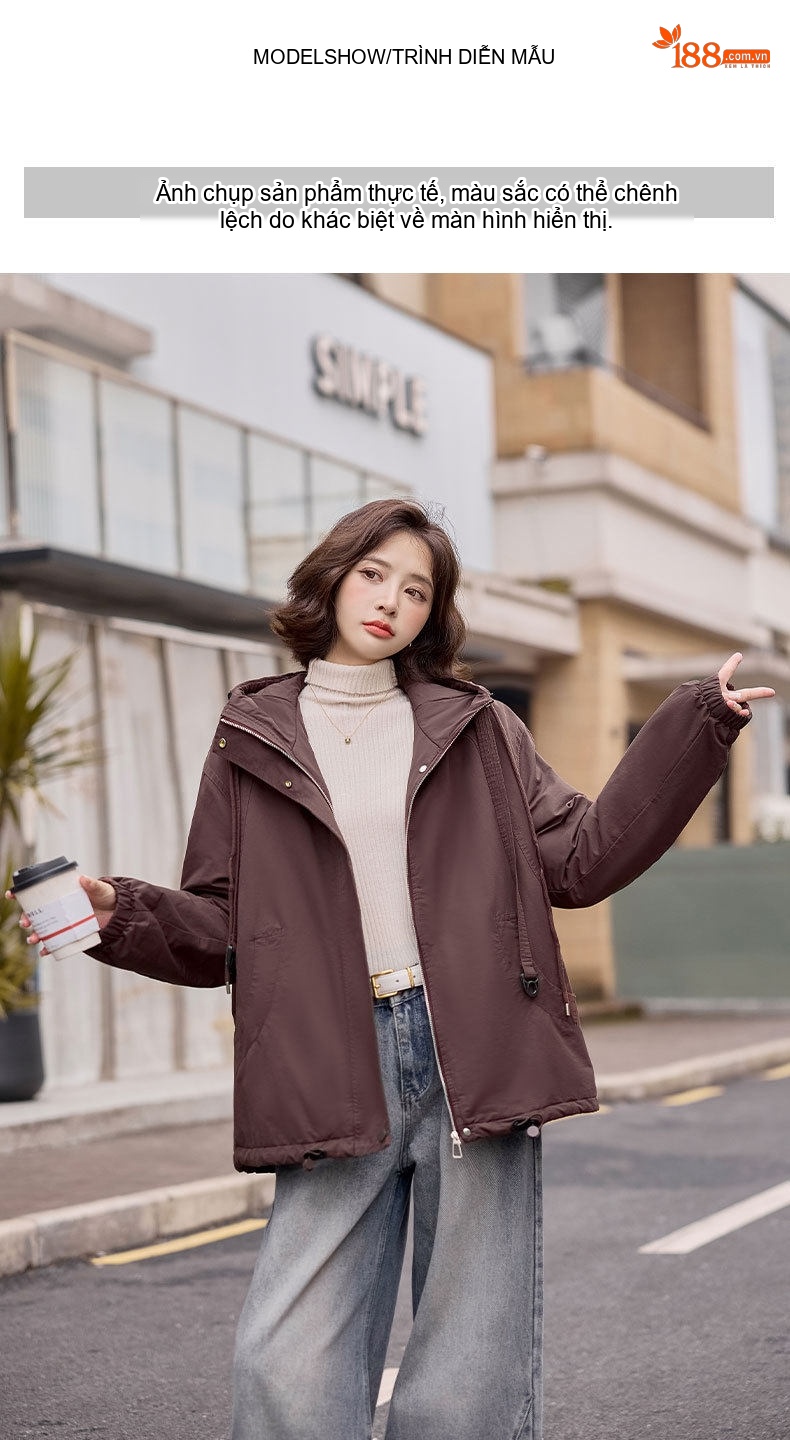 Áo Khoác Parka Nữ Lót Lông Dày Dặn Dáng Ngắn Giữ Ấm Màu Nâu, Đen chi tiết 10