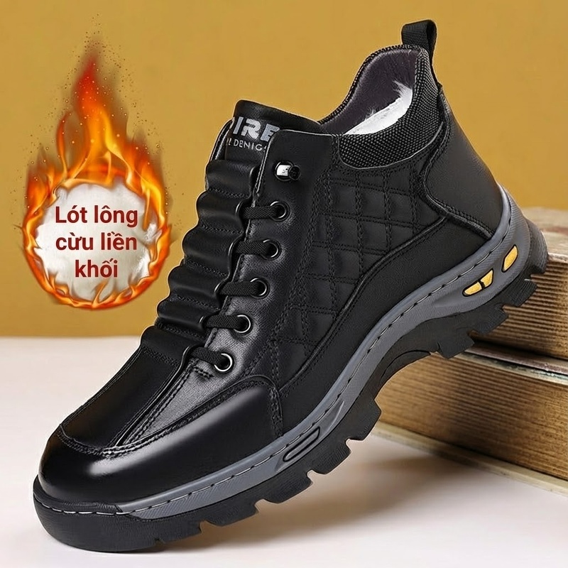 Giày Boot Nam Cao Cổ Lót Lông Cừu Giữ Ấm Chiều Cao Đế Khoảng 4cm Màu Đen