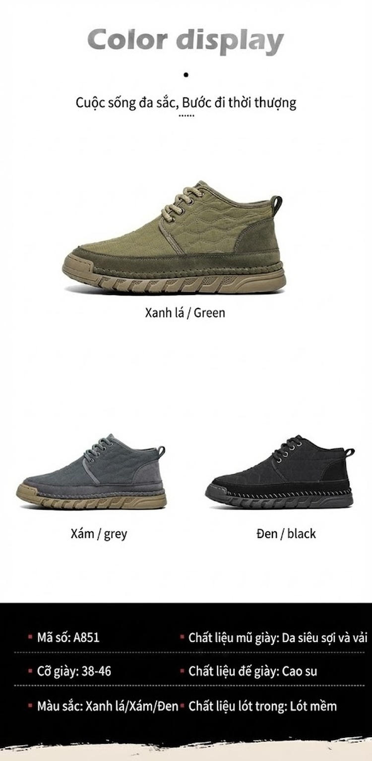 Giày Boot Nam Cổ Cao Vải Dệt Lót Lông Chiều Cao Đế Khoảng 3cm Màu Đen, Xám, Xanh... chi tiết 5