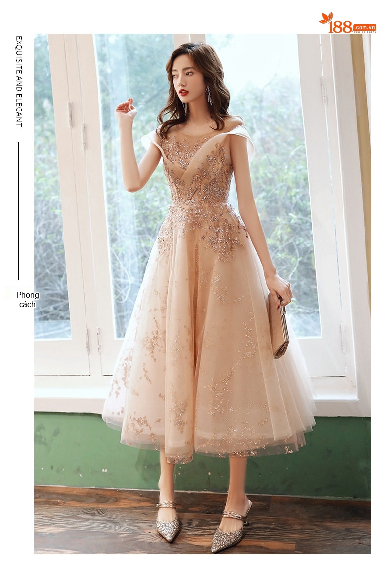 Váy Dạ Hội Nữ Pháp Kiểu Hepburn Màu Champagne Khí Chất Tiệc Tối chi tiết 8