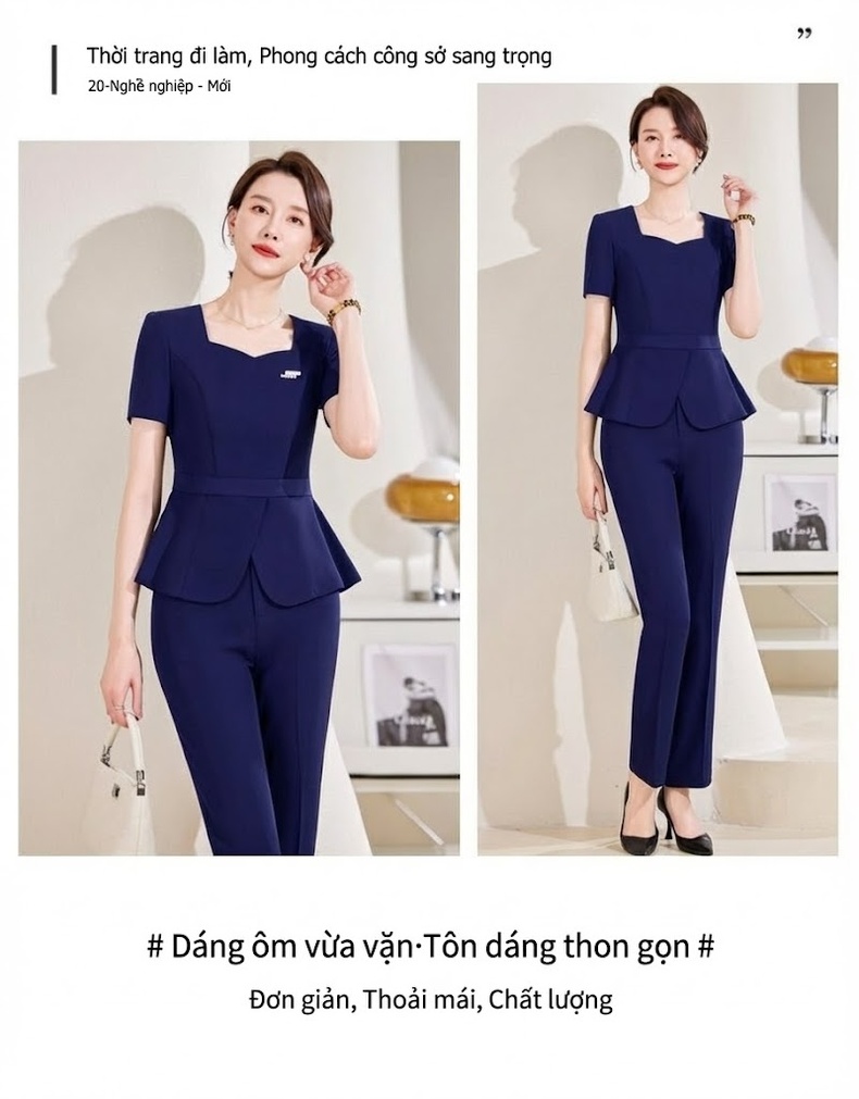 Bộ Vest Công Sở Nữ Tay Ngắn Quần/Chân Váy Áo Peplum Màu Đen, Xanh Navy chi tiết 21