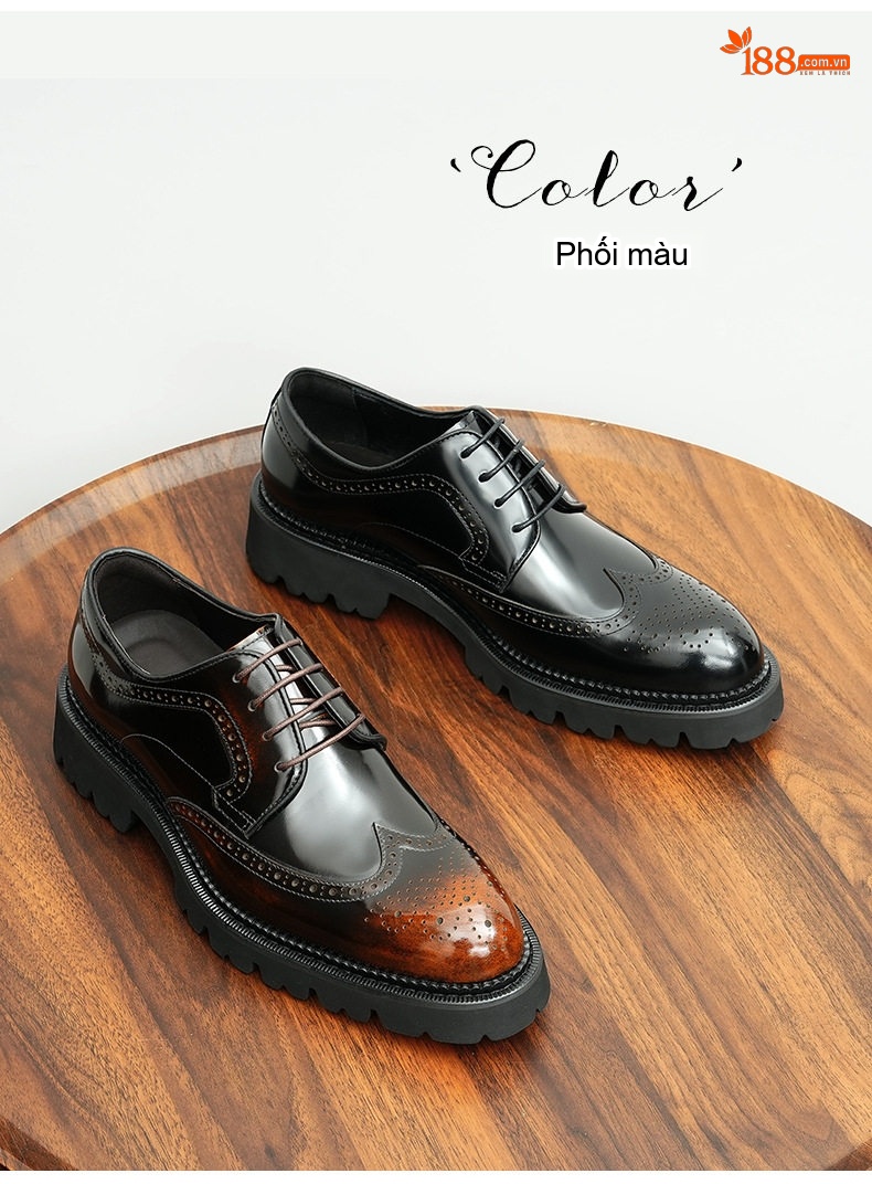 Giày Tây Buộc Dây Nam Da Bóng Chiều Cao Đế Khoảng 4cm Kiểu dáng Brogue Màu Đen, Nâu chi tiết 10