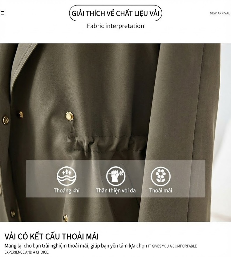 Áo Khoác Gió Nữ Dáng Ngắn Chiết Eo Dây Rút Phong Cách Hàn Quốc Màu Xanh Olive chi tiết 6
