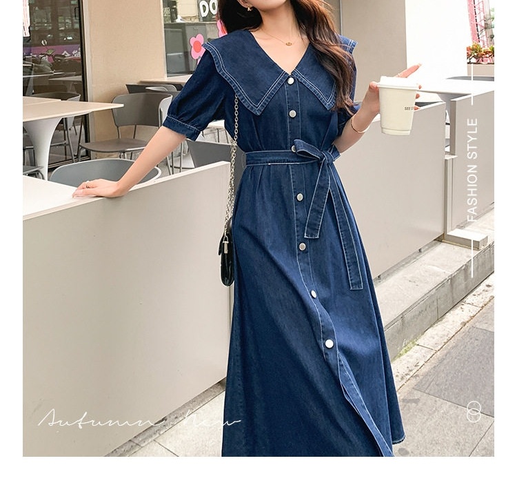Váy Jean Nữ Cổ Búp Bê dáng chữ A Thắt Eo Thanh Lịch chi tiết 3