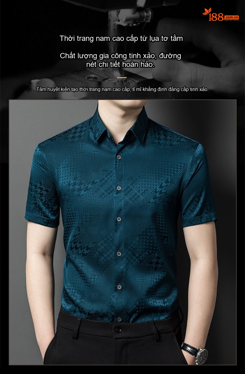 Áo Sơ Mi Nam Tay Ngắn Tơ Tằm Họa Tiết Jacquard Cao Cấp Màu Trắng, Đen, Xanh Ngọc chi tiết 1