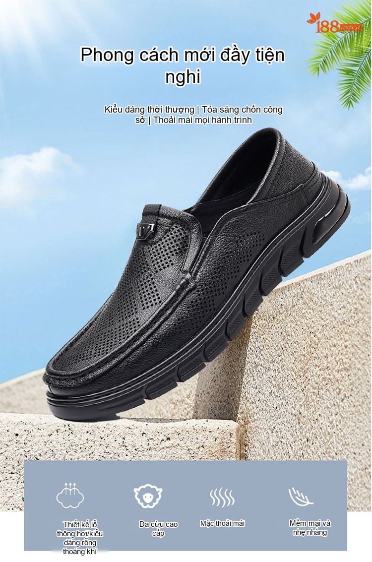 Giày Lười Nam Da Thật Thoáng Khí Chiều Cao Đế Khoảng 3cm Màu Đen, Nâu chi tiết 1