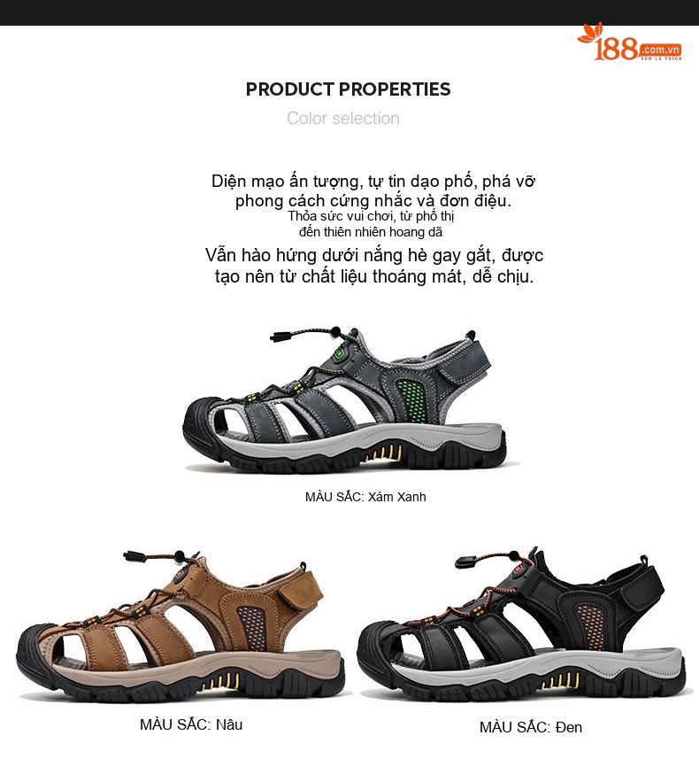 Sandal Nam Da Bò Mũi Bọc Dây Rút Thể Thao Thoáng Khí Đế Cao 3cm chi tiết 7