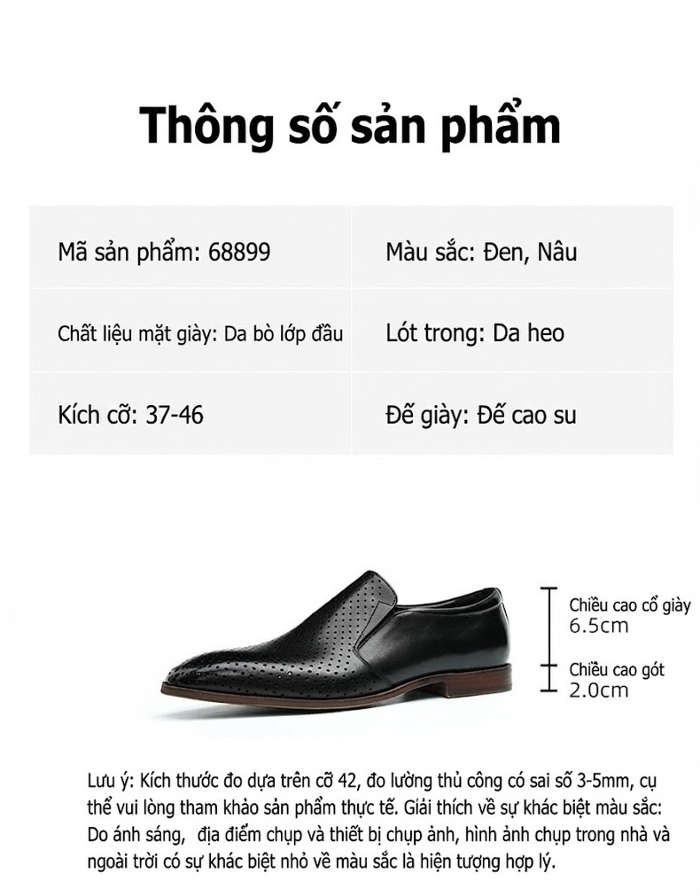 Giày Lười Nam Da Thật Dập Lỗ Thoáng Khí Chiều Cao Đế Khoảng 3cm Màu Đen, Nâu chi tiết 2