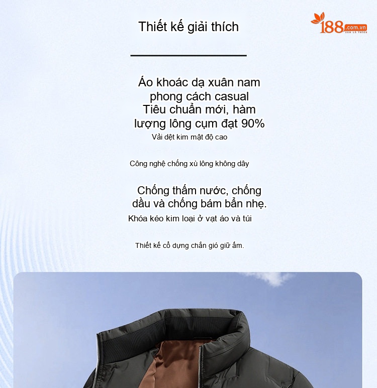 Áo Khoác Phao Nam Lông Vũ Ngắn Cổ Trụ Khóa Kéo Giữ Ấm Màu Đen, Be chi tiết 3