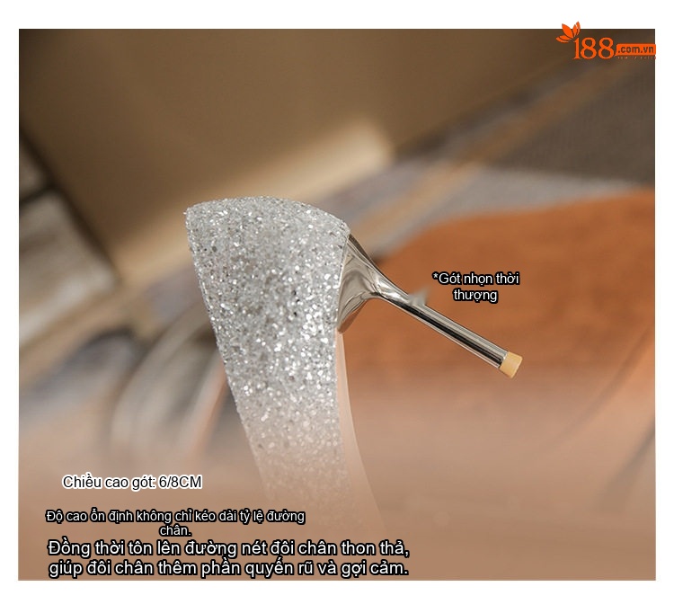 Giày Cao Gót Nữ Mũi Nhọn Chiều Cao Đế 8cm Đính Đá, Nơ Bướm chi tiết 9