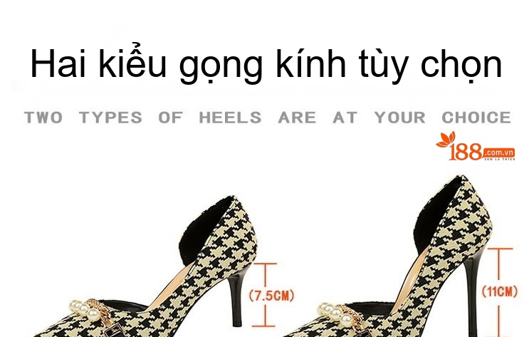 Giày Cao Gót Nữ Vải Họa Tiết Chân Chim Mũi Nhọn Hở Bên Chiều Cao Đế Khoảng 7cm Đính Hạt Châu Màu Đen, Kem chi tiết 1