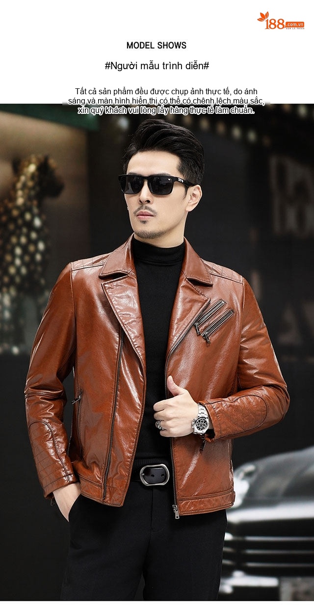 Áo Khoác Da Thật Nam Dáng Ôm, Cổ chữ Vest, Ngắn Màu Nâu chi tiết 5