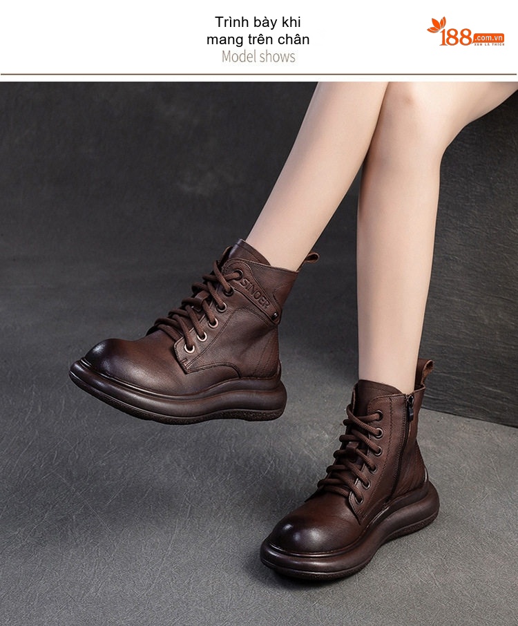 Boot Nữ Cổ Ngắn Ôm Chân Da Mờ Phong Cách Retro Chiều Cao Đế Khoảng 4cm Màu Nâu, Đen chi tiết 8