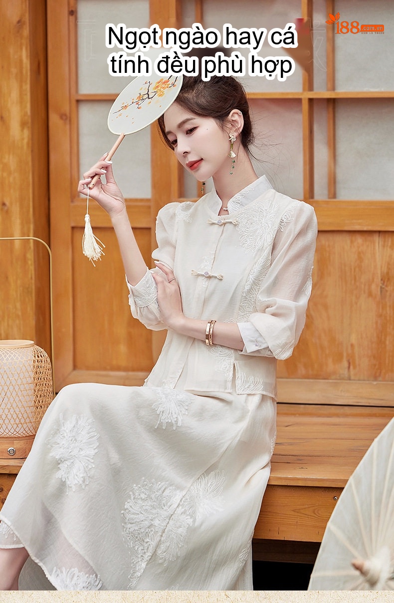 Set Áo Và Chân Váy Hán Phục Cách Tân Phong Cách Trung Hoa Cổ Điển Thanh Lịch Màu Kem chi tiết 3