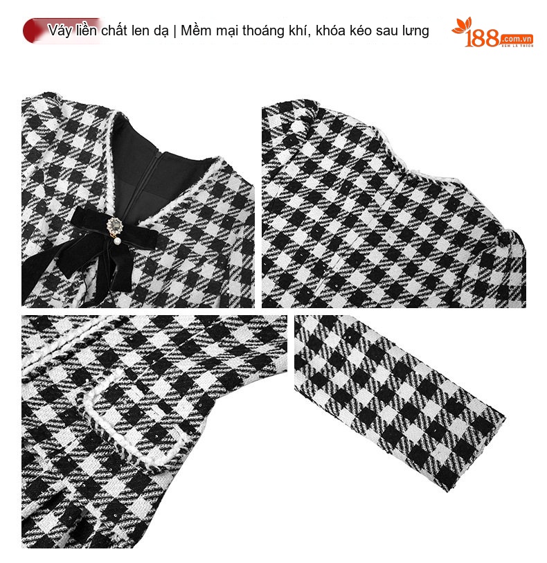 Váy Liền Thân Nữ Tiểu Thư Thu Đông Dáng Xòe Chiết Eo Phong Cách Tiểu Hương Màu Đen Trắng chi tiết 4