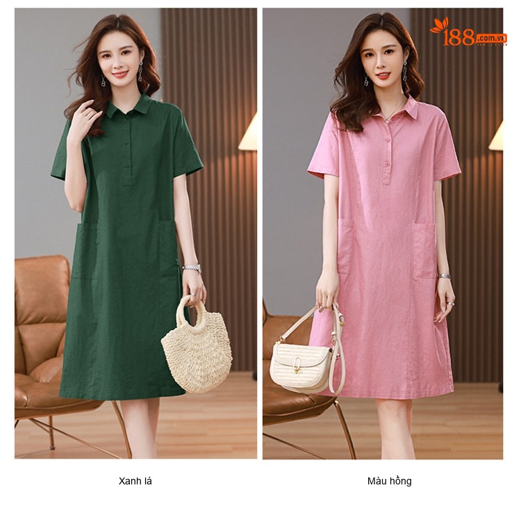 Váy Sơ Mi Nữ Dáng Suông Cotton Linen Phong Cách Retro Màu Xanh Navy, Tím, Nâu, Xanh Lá... chi tiết 14