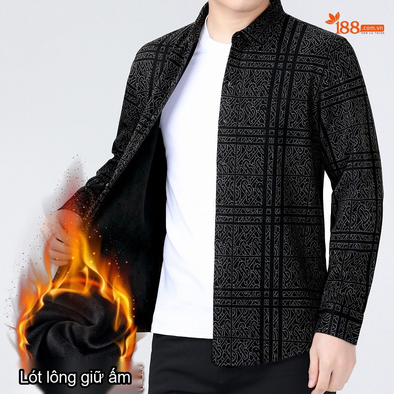 Áo Sơ Mi Nam Lót Lông Cừu Giữ Ấm Dáng Suông Màu Đen