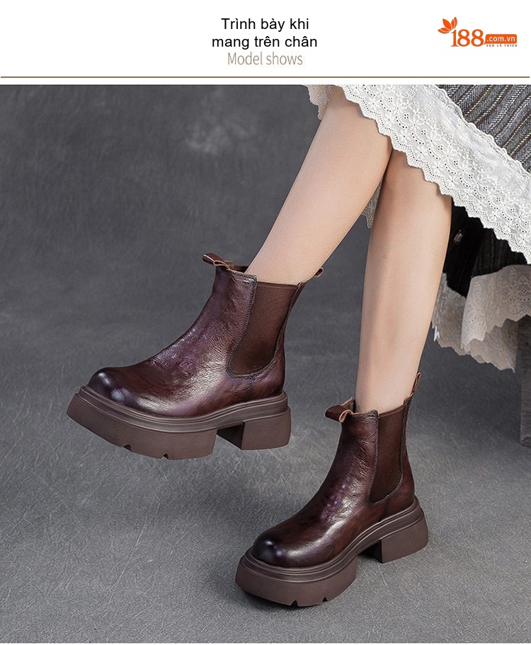 Boot Nữ Da Bò Thủ Công Chiều Cao Đế Khoảng 5cm Phong Cách Retro Màu Đen, Nâu chi tiết 7