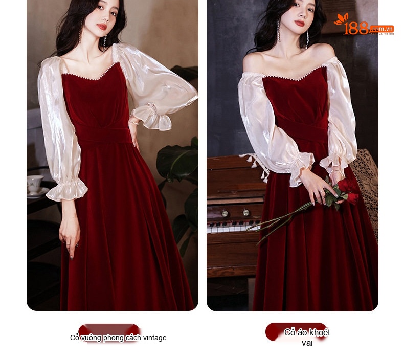 Váy Dự Tiệc Nữ Tay Dài Chất Liệu Nhung Đỏ Rượu Vang Phong Cách Tối Giản chi tiết 4