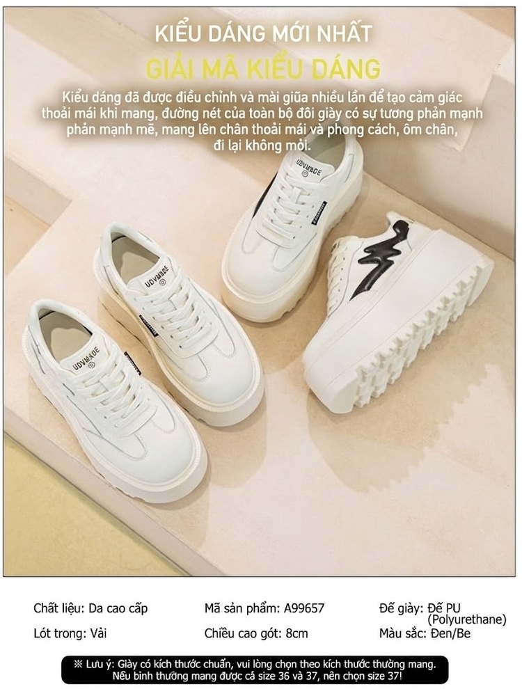 Giày Sneaker Nữ Da Bóng Đế Bánh Mì Chiều Cao Đế Khoảng 5cm Màu Trắng, Đen chi tiết 3