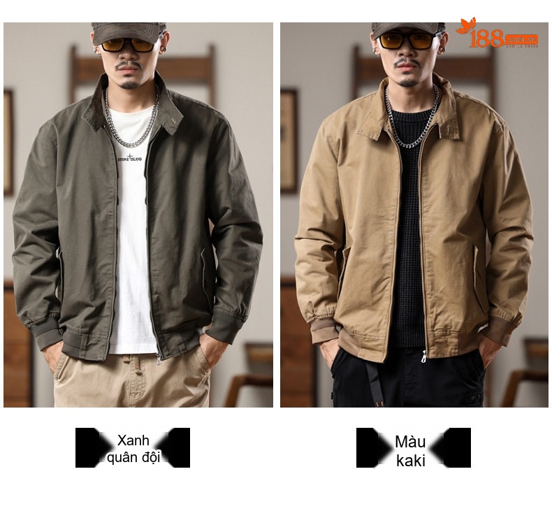 Áo Khoác Bomber Nam Mỹ Cổ Điển Phong Cách Tối Giản Màu Xanh Rêu, Đen, Nâu chi tiết 7