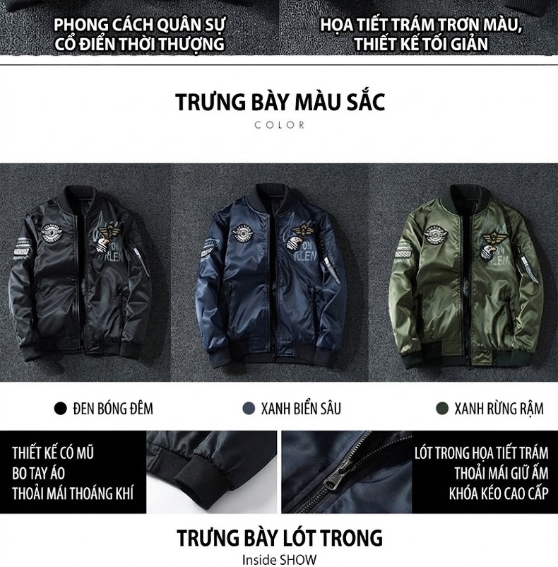 Áo Khoác Bomber Nam Thời Trang Thu Đông Áo Phi Công Lót Bông Màu Đen, Xanh Navy, Xanh Rêu chi tiết 5