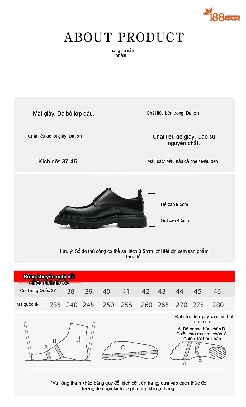 Giày Tây Nam Da Thật Magic Tape Chiều Cao Đế Khoảng 4cm Màu Đen, Nâu chi tiết 7