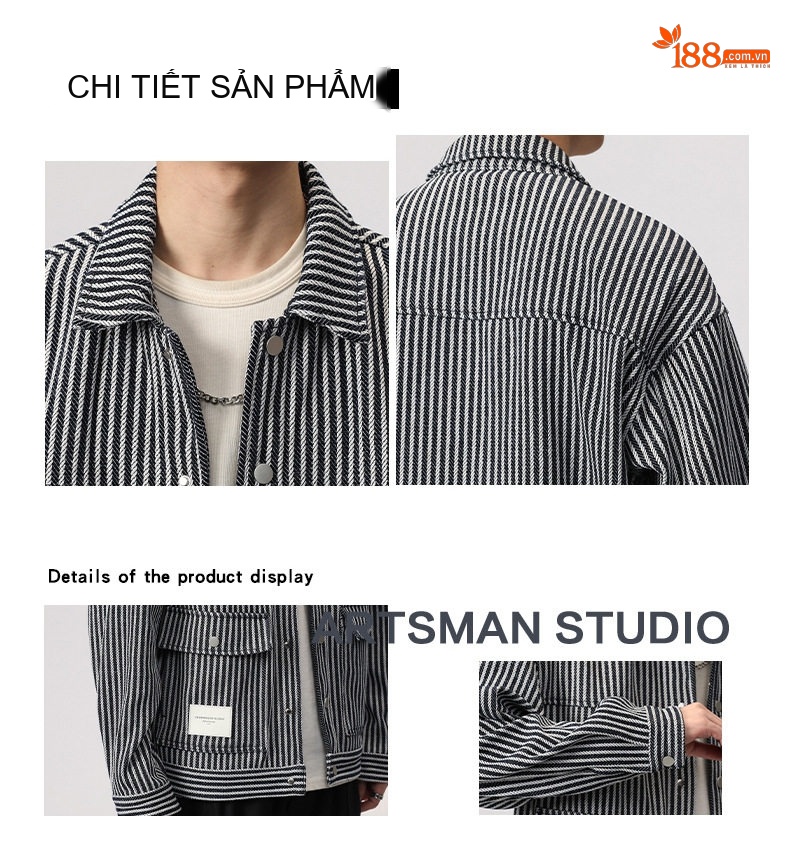 Áo Khoác Công Sở Nam Dáng Rộng Dày Dặn Họa Tiết Sọc Phong Cách Casual Màu Đen Trắng chi tiết 4