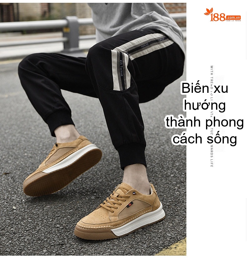 Giày Thể Thao Nam Da Thật Mặt Lộn Chiều Cao Đế Khoảng 3.5cm Màu Nâu, Be chi tiết 18
