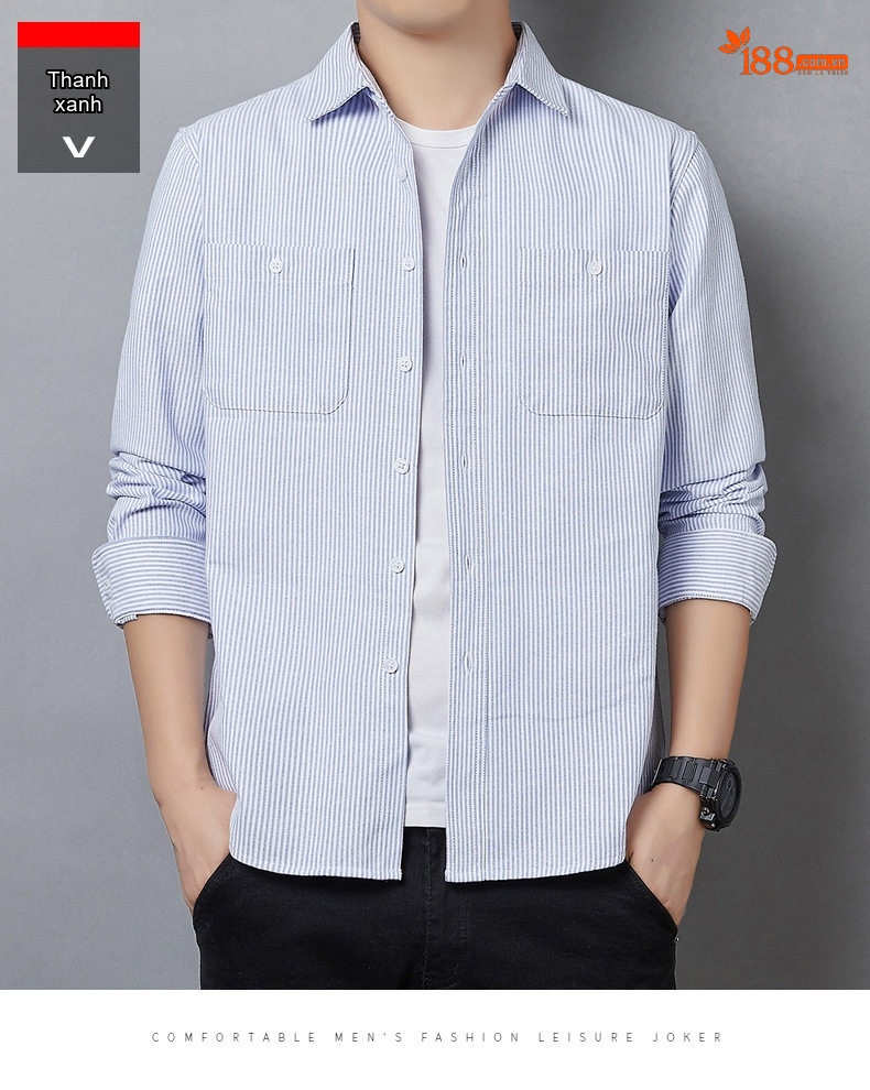 Áo Sơ Mi Dài Tay Nam Cotton Dáng Rộng Phong Cách Công Sở Màu Xanh Nhạt, Xám chi tiết 21