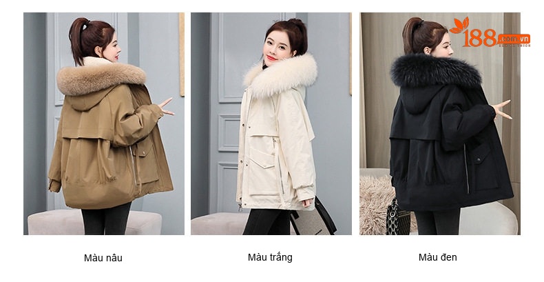 Áo Khoác Phao Nữ Ngắn Cotton Lót Lông Dày Dặn Mũ Lông Màu Nâu, Trắng chi tiết 8