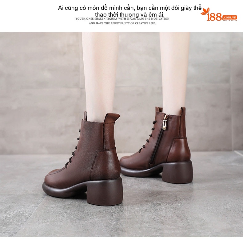 Boot Martin Nữ Da Bò Cổ Ngắn Gót Vuông Chiều Cao Đế Khoảng 5cm Màu Nâu, Đen chi tiết 15