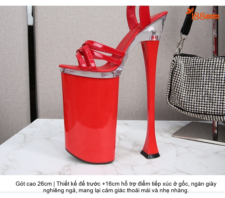 Giày Sandal Cao Gót Nữ Quai Mảnh Da Bóng Gót Cao 26cm Màu Đen, Đỏ, Trắng chi tiết 6