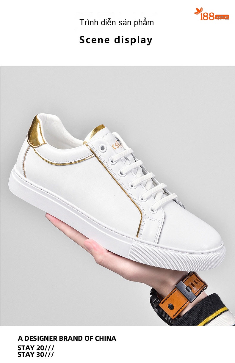 Giày Sneaker Nam Da Bóng Chiều Cao Đế Khoảng 3cm Màu Trắng, Đen chi tiết 20