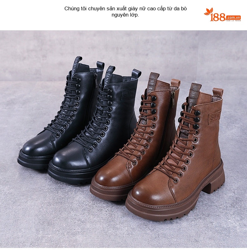 Boot Nữ Da Bò Cổ Ngắn Dây Buộc Chiều Cao Đế Khoảng 5cm Màu Nâu, Đen chi tiết 2