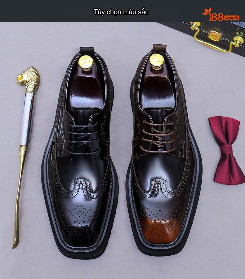 Giày Tây Brogue Nam Da Bóng Chiều Cao Đế Khoảng 4cm Màu Đen, Nâu chi tiết 2