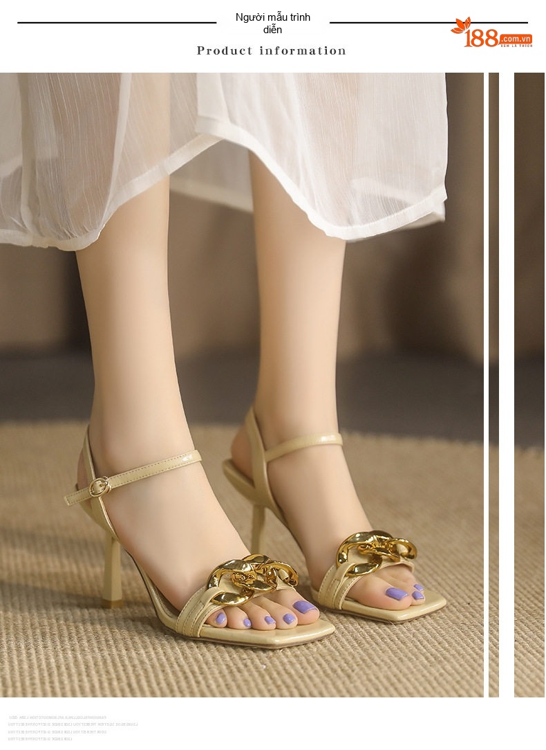 Giày Sandal Cao Gót Nữ Quai Ngang Mũi Vuông Đính Xích Gót Cao 8cm Màu Trắng, Kem, Đen chi tiết 7
