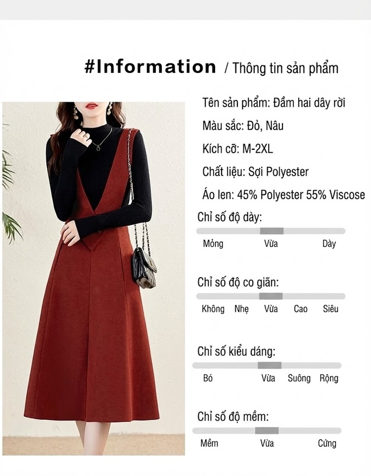 Váy Yếm Set Áo Dài Tay Thiết Kế dáng chữ A Phong Cách Hàn Quốc Màu Nâu, Đen chi tiết 11