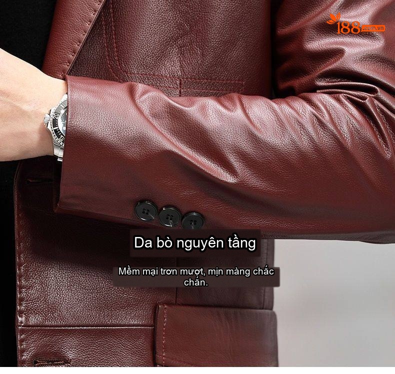 Áo Khoác Blazer Da Bò Nam Dáng Ôm Phong Cách Doanh Nhân Màu Đỏ Rượu Vang, Đen chi tiết 6