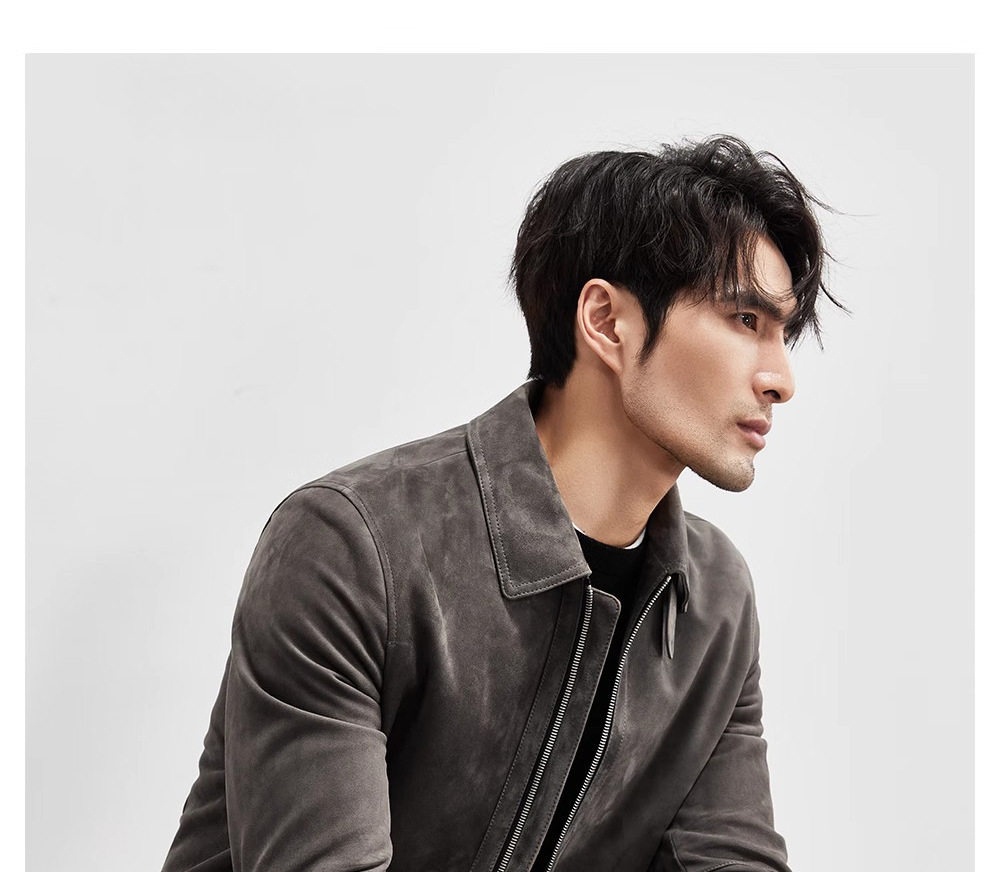 Áo Khoác Da Nam Da Thật Lộn Mặt Cổ Bẻ Phong Cách Biker Màu Xám chi tiết 1