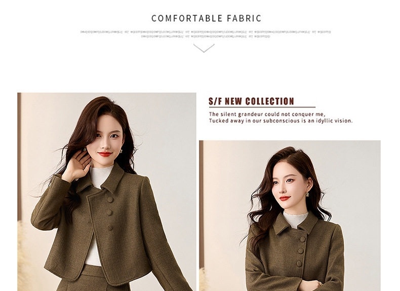 Set Áo Khoác Lửng Tay Dài Vải Flanel Chần Bông Và Chân Váy Midi Phong Cách Tiểu Thư Màu Nâu Đỏ, Xanh Rêu chi tiết 25