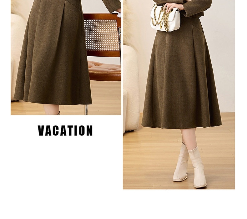 Set Áo Khoác Lửng Tay Dài Vải Flanel Chần Bông Và Chân Váy Midi Phong Cách Tiểu Thư Màu Nâu Đỏ, Xanh Rêu chi tiết 26
